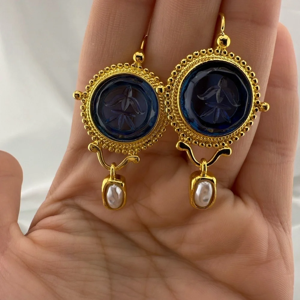 Vintage blue Cameo Earrings – Gold Drop Pearl Accent Jewelry - Picture 9 of 12